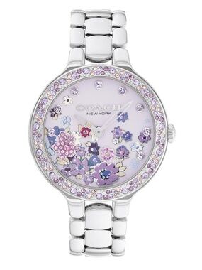 NWT Coach Silver Chelsea Watch with Lavender & Purple Floral Dial & Crystals